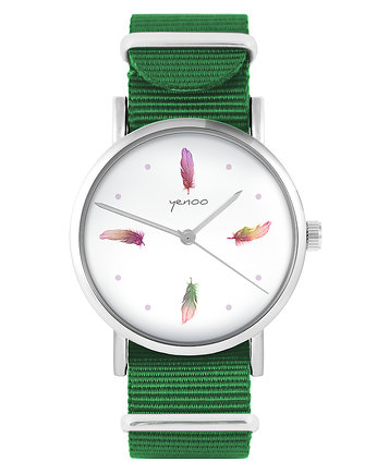 Zegarek - Kolorowe piórka - zielony, nylonowy, OSOBY - Prezent dla niego