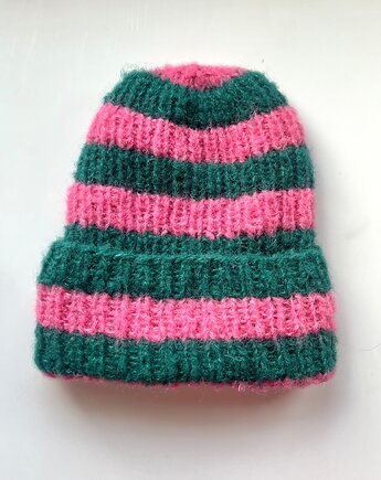 Wiosenna lekka czapka Dimma z alpaki i jedwabiu  zielono różowe  paski, Made by Jaga