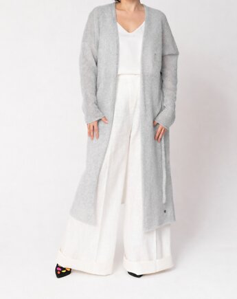 Długi kardigan wełniany z paskiem - Jasny szary, YOU by Tokarska
