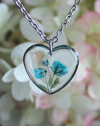 Srebrny wisiorek prawdziwe kwiaty zawieszka serce serduszko gipsówka, zkwiatem