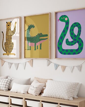 Zestaw 3 Plakaty kolorowe zwierzęta wąż, gepard, krokodyl, Maja Montessori