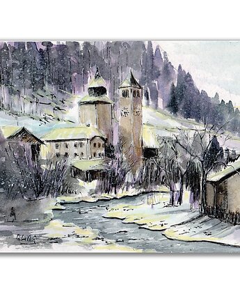 Akwarela ręcznie malowana "Zima w Livigno", Galeria Alma