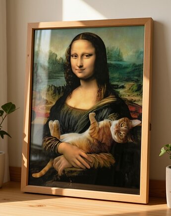 PLAKAT Mona Lisa z kotem portret , zabawny prezent dla kociary, black dot studio