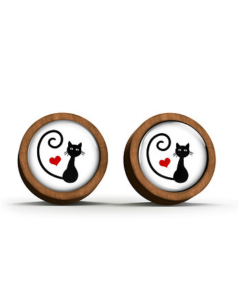 Kolczyki drewniane - Kotek, serce - sztyfty, yenoo