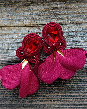 Bordowe kolczyki soutache z kwiatami, Mró Soutache