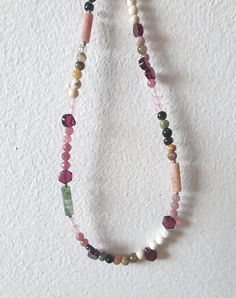 Naszyjnik choker BOHO ART granat, turmalin, kwarc różowy, modesign