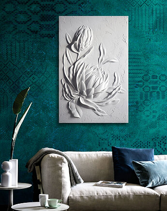 Gipsowa płaskorzeźba, dekoracja ścienna, biały obraz strukturalny - Protea, Tati WALLART