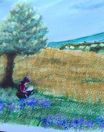 Wiejski pejzaż góry obraz akwarela 30x42  las pola książka wieś zboże, kkjustpaint Karolina Kamińska