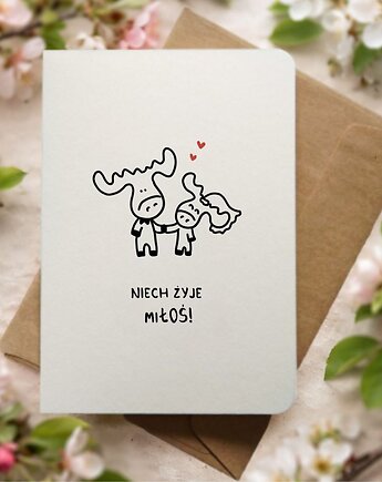 Zabawna kartka ślubna Niech żyje MiŁOŚ, oryginalna grafika, minimalistyczna, Pracownia Faramuszka