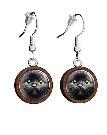 Kolczyki drewniane - Czarny kotek - wiszące, yenoo