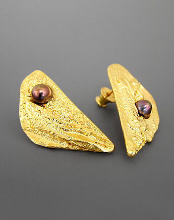 Surowe kolczyki z perłą srebro złocone, Pastelove Jewelry