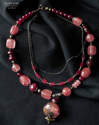 Kwarc różowy, wiśniowy i turmalin. Naszyjnik unikatowy handmade PREZENT lux, Galeria Limart