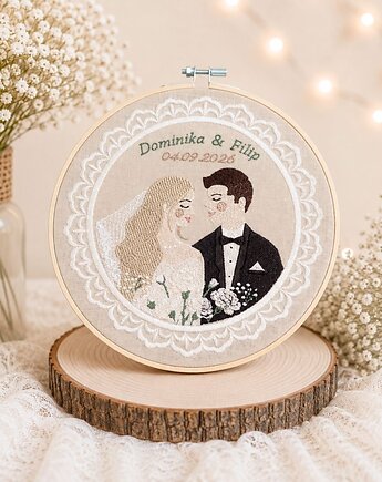 Personalizowana pamiątka ślubna, haft ślubny/ rocznicowy w tamborku, Plasun