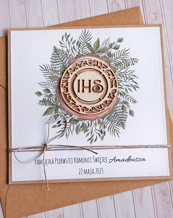 Kartka, PERSONALIZACJA : I Komunia Święta : drewno IHS