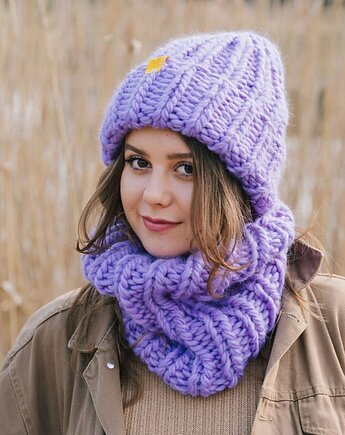 Peruvian WOOLY Fioletowy komplet zimowy czapka i komin, sploteka