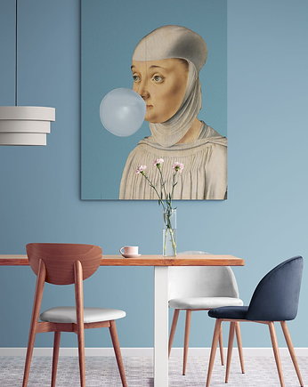 Obraz drukowany na płótnie "Kobieta z gumą balonową "błękitna, Happy Barok