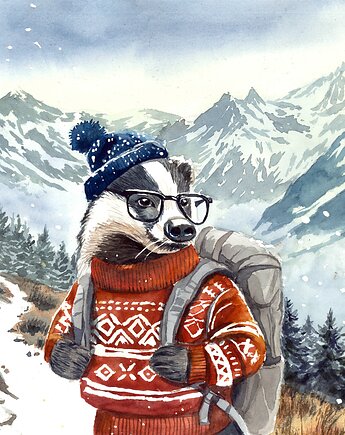 Plakat z serii Górscy Wędrowcy - Borsuk - szlachetny wydruk Fine art (giclee), Katarzyna Wajda akwarela