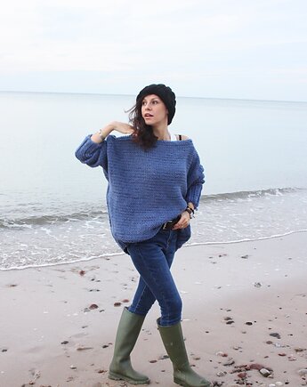 Sweter handmade oversize  blue z wełną, Mademoiselle Patrini