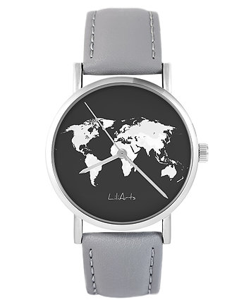 Zegarek - Mapa świata - skóra, szary, yenoo