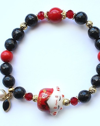 Unikat maneki neko - onyks, koral, lawa, rubin