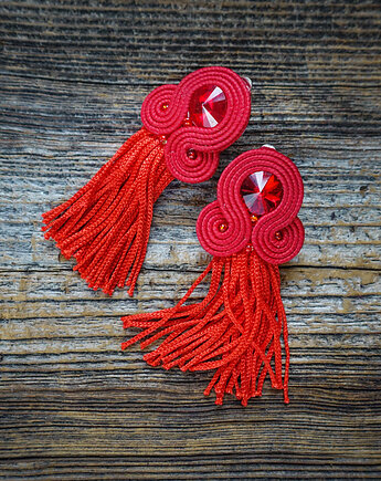 Etniczne klipsy soutache z frędzlami- czerwone, Mró Soutache