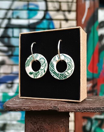 Kolczyki ceramiczne w zielone kwiaty koła dwustronne, biżuteria z talerzy
