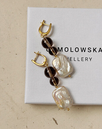 Kolczyki pozłacane  Kwarc Dymny z perłą, Chmolowska Jewellery