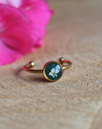 Złoty pierścionek kwiaty zielone oczko regulowany dzika marchew, zkwiatem