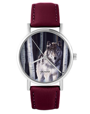 Zegarek - Szary wilk - skórzany, burgund, yenoo