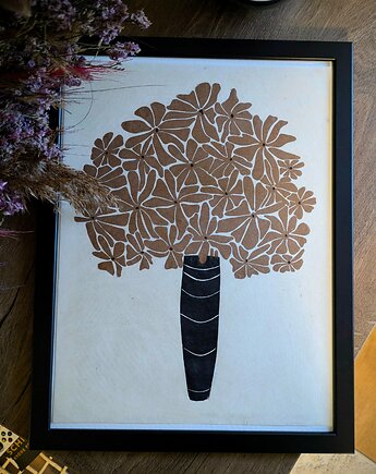 Ręcznie drukowany linoryt z bukietem kwiatów 28,5x38cm, Grafiki Natsona