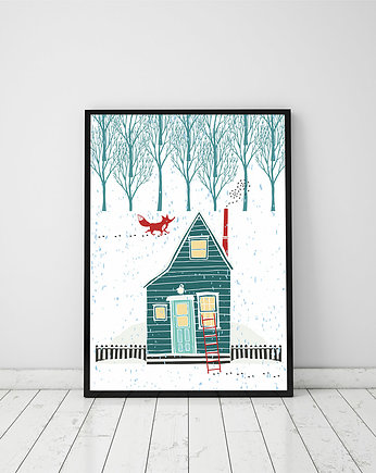 Plakat z domkiem i lisem, home sweet home, Love Life and Forest