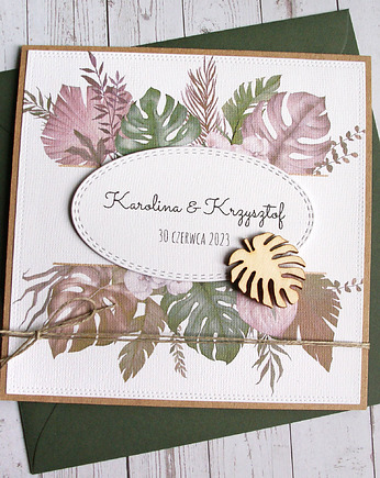 Kartka ślubna, PERSONALIZACJA : monstera BOHO, kaktusia