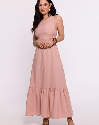Sukienka z gumowanym paskiem i wiązaniem na plecach - różowa(B-281), Be