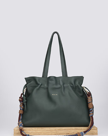 Elegancka torba zielona Shopper Bag z marszczeniami i plecionym paskiem, OKAZJE - Prezent na Wieczór panieński