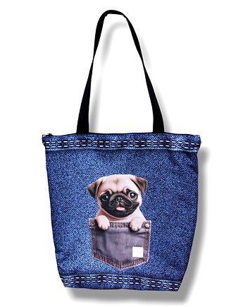 Torba shopper na zakupy torba na ramię torebka  z psem mops, Uszyciuch