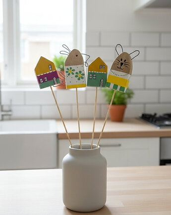 Zestaw Wielkanocny Drewniane Ozdoby  na piku w Stylu Skandynawskim, Panda Design