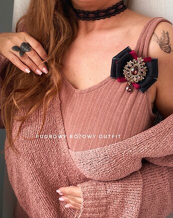 Burgundowa Brosza z kryształem w kolorze wina  NEW, Pudrowy Różowy