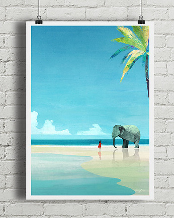 Plakat Egzotyczne wakacje - lazurowa plaża ze słoniem, minimalmill