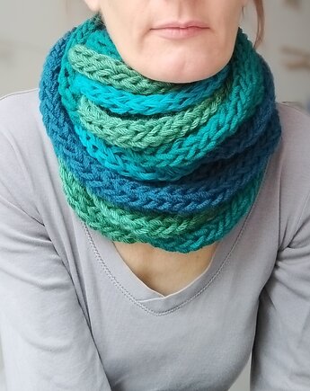 Szal/zamotka szalik granat zieleń turkus, Barbórka Design