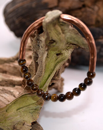 Bransoletka miedziana handmade z koralikami: tygrysie oko, FutharkCopper