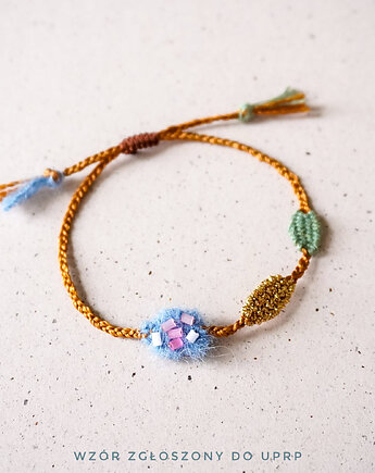 Unikatowa bransoletka na sznurku z elementami tkanym i koralikamii, Słońcem Tkane
