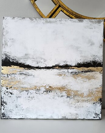 HORYZONT SPOKOJU Abstrakcyjny obraz ze złotem, ręcznie malowany, 50x50 cm, Anna Jatczak Art