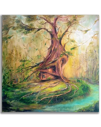 Obraz olejny 60x60 cm autorski drzewo las domek, Galeria Alma