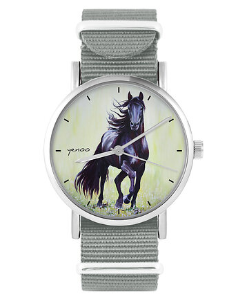 Zegarek - Czarny koń malowany - szary, nylonowy, yenoo