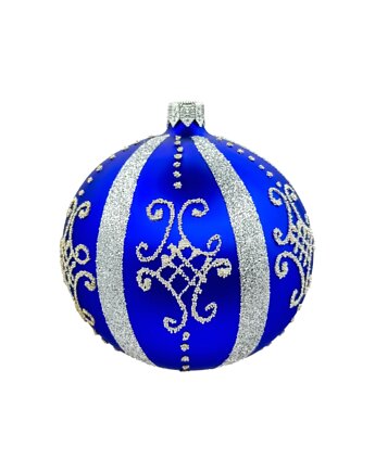 Bombka niebieska z eleganckimi srebrnymi zdobieniami, Syn Bombkarza