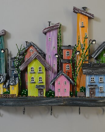 Ręcznie wykonany drewniany wieszak na klucze z kolorowymi domkami ., Creative Craft Family R