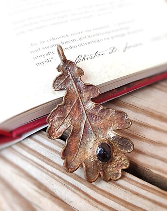 Liść dębu z granatem miedziany, Treemasters Copper Jewelry