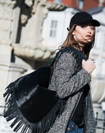 Duża torba skórzana. Zestaw Mustang z krótkim paskiem z frędzlami, AGNES WESS