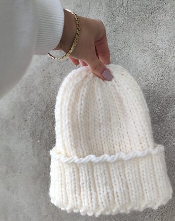 Wełniana czapka WOOLLY z wełny owczej kremowa, Po.dziergane