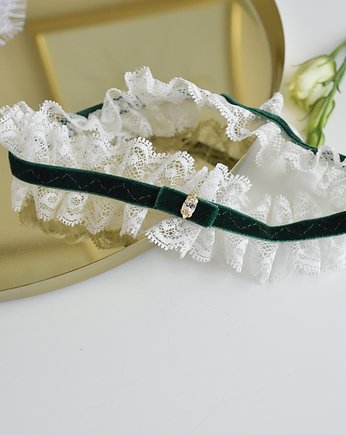Podwiązka koronkowa z zieloną aksamitką, Anelis Atelier